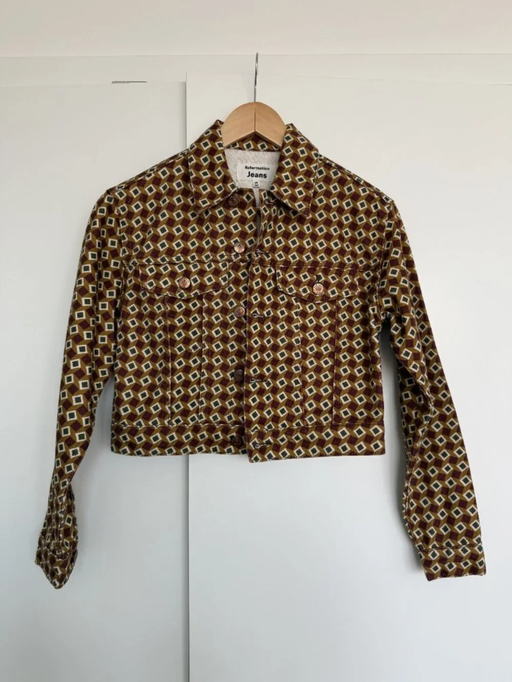 Reformation Jeans Cora Shrunken Denim Jacket Geo Print Brown Size XS